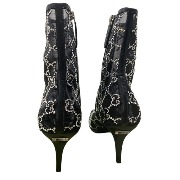 Gucci Demi Crystal GG Logo Mesh Pointed Toe Ankle Boot Black 85mm - Picture 7 of 13